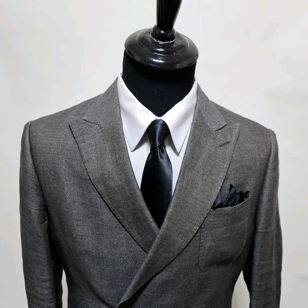 Angelico Mens Blazer 40 R Linen Double Breasted Slim Sports Coat Jacket Peaked